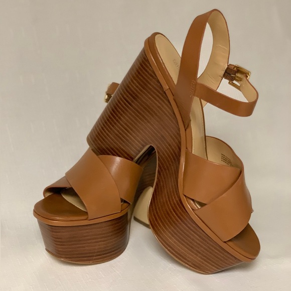 🆕 Michael Kors Platform Sandal Women's 8.5 Sia Leather Brown Boho Sexy Trendy - Picture 3 of 14